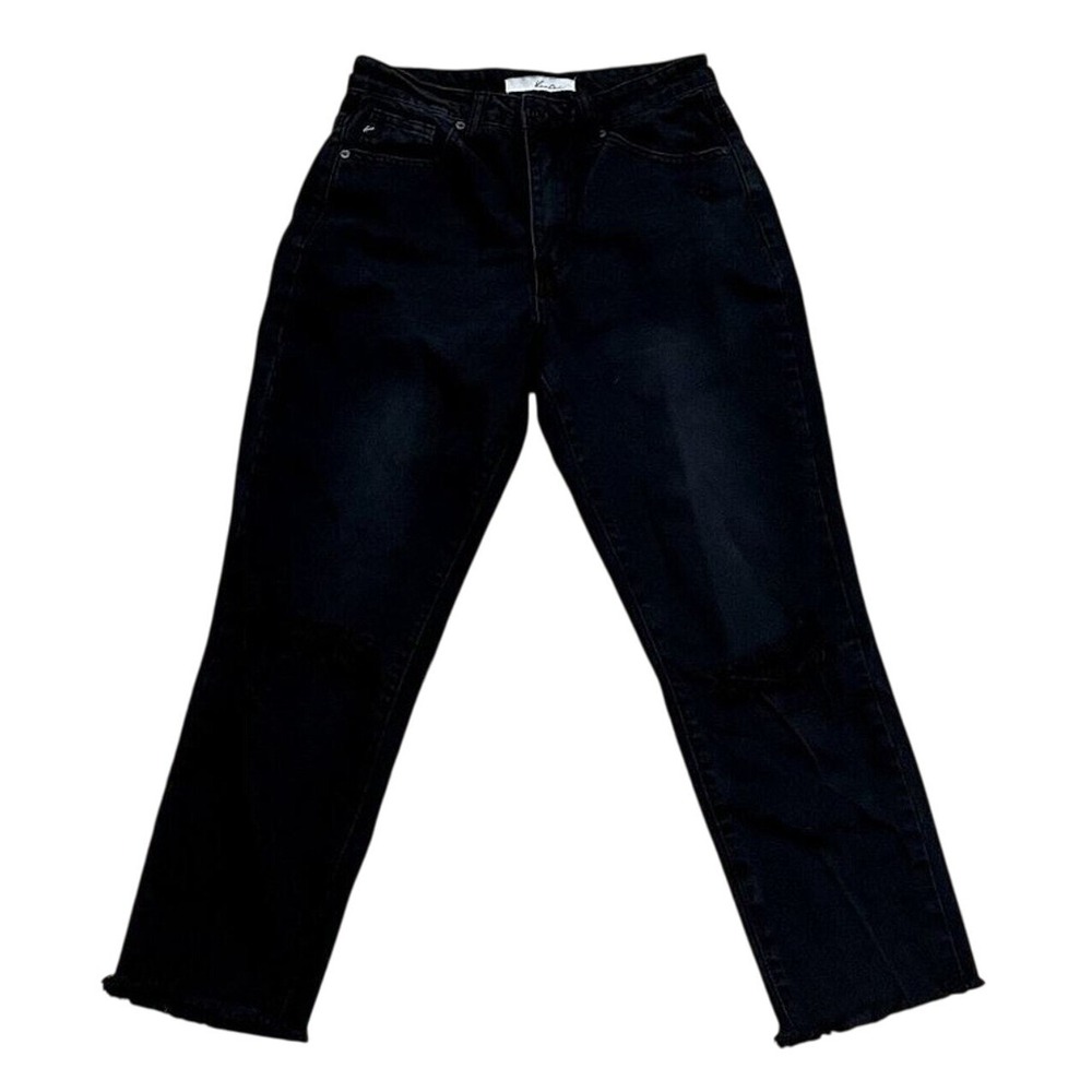KanCan Women's 24 Black Distressed High Rise Mom Jeans Denim Frayed Hem